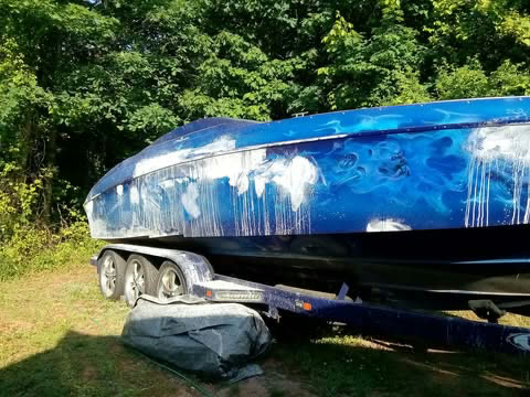 Speedboat before, with chalky oxidized blue paint