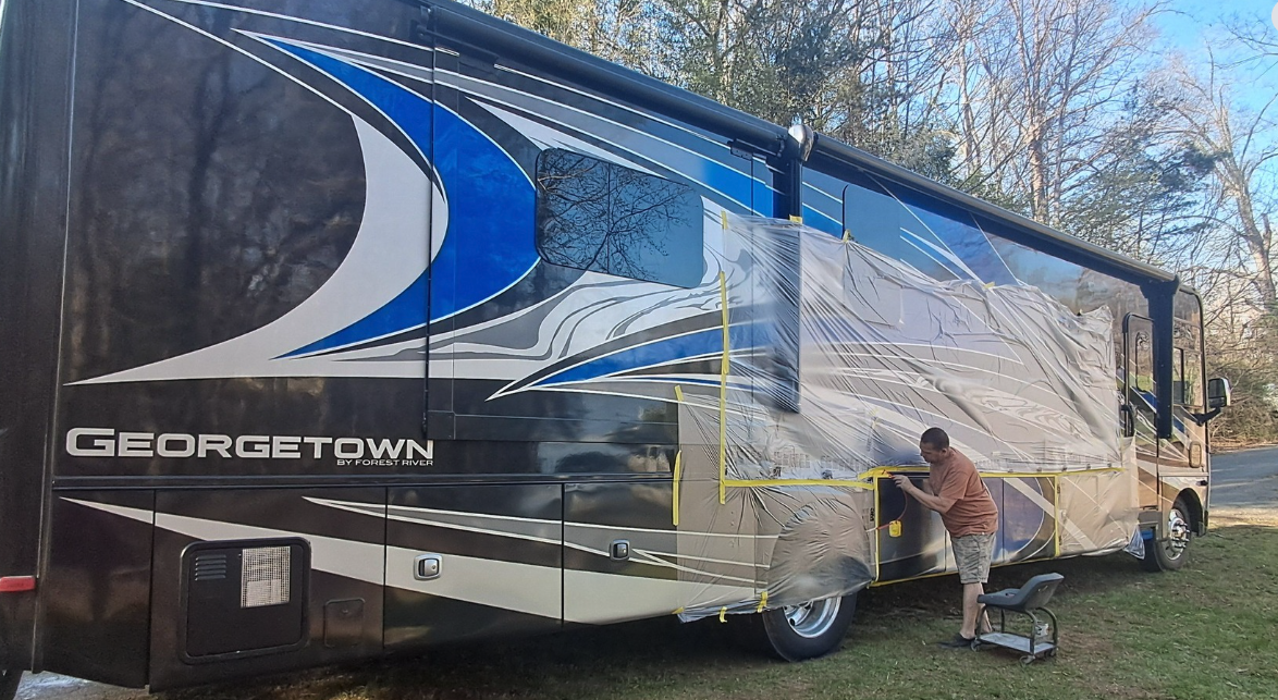 Luxury motor coach refinishing on-site
